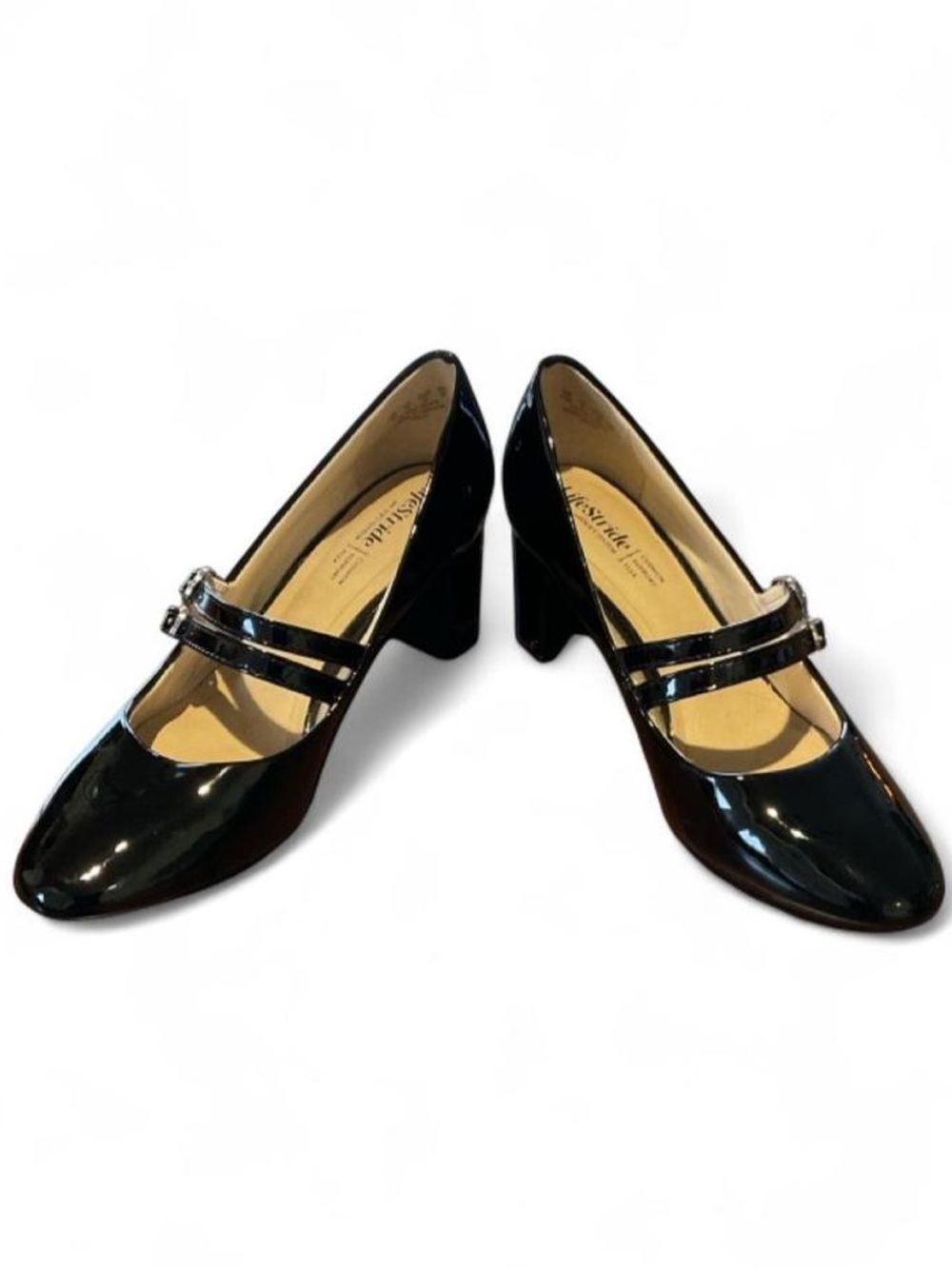 Life Stride Black Patent Double-Strap Block Heel Pumps